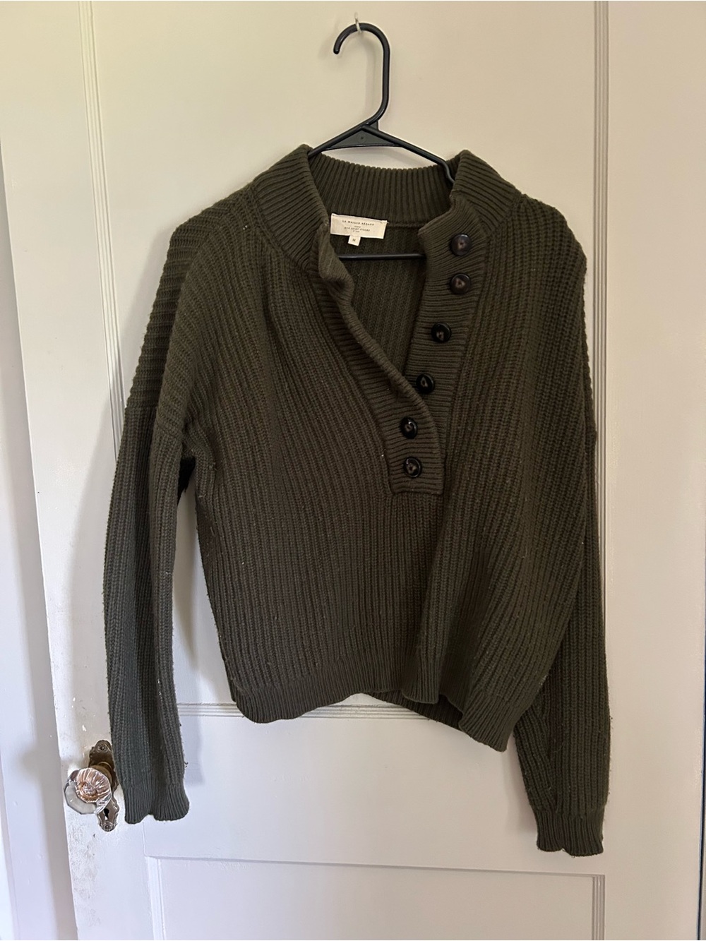 Sezane Lucas Wool Olive Green Ribbed Button-Front Sweater - Picture 2 of 6